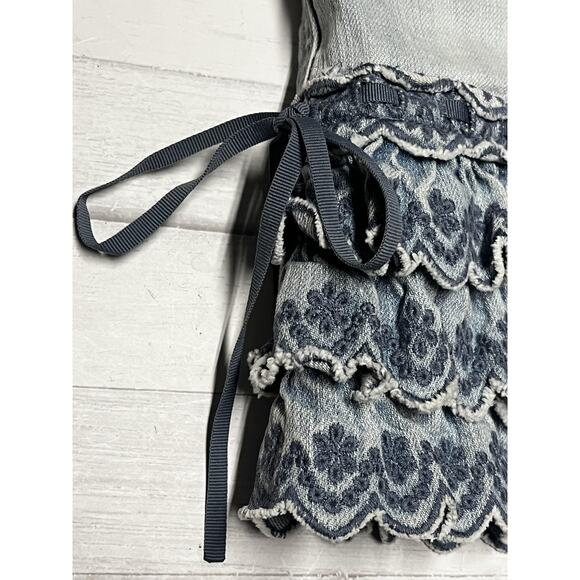 London Jean Mini Skirt Womens 12 Denim Ruffle Lace Boho Festival Embroidered - Picture 3 of 10